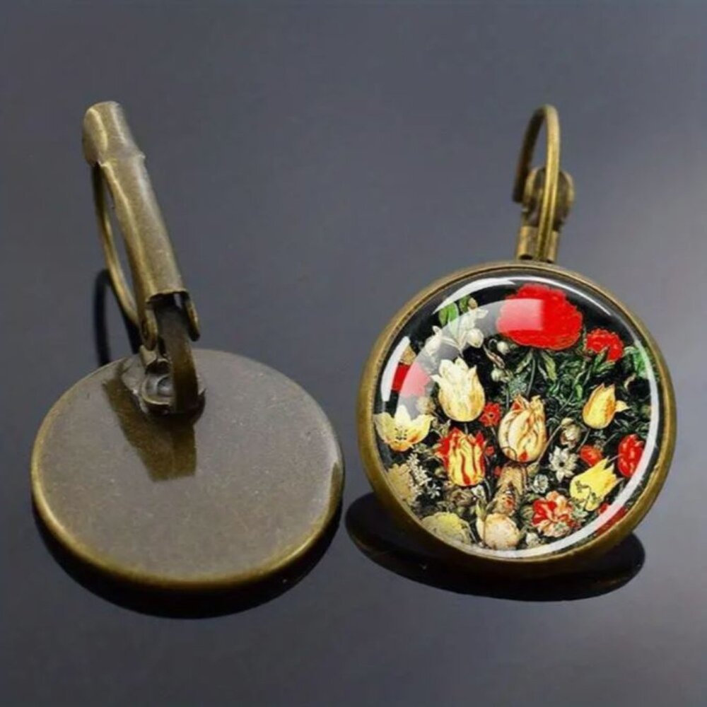 NEW Vintage Dutch Tulip Glass Cabochon and Brass Lever Back Earrings